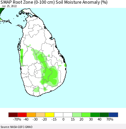 Sri Lanka SMAP Root Zone (0-100 cm) Soil Moisture Anomaly (%) Thematic Map For 7/21/2022 - 7/25/2022