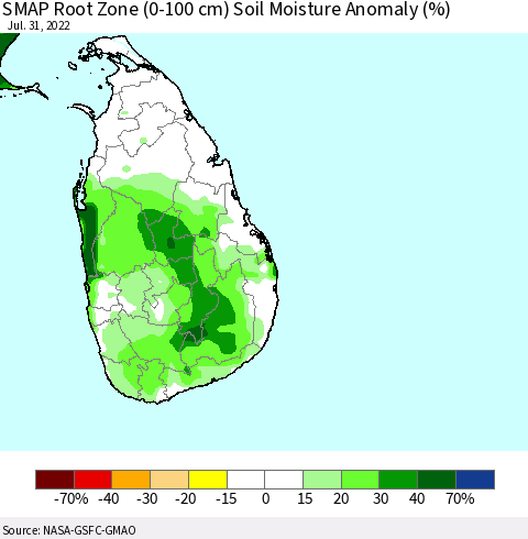 Sri Lanka SMAP Root Zone (0-100 cm) Soil Moisture Anomaly (%) Thematic Map For 7/26/2022 - 7/31/2022