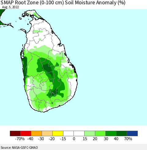 Sri Lanka SMAP Root Zone (0-100 cm) Soil Moisture Anomaly (%) Thematic Map For 8/1/2022 - 8/5/2022