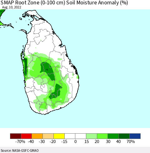 Sri Lanka SMAP Root Zone (0-100 cm) Soil Moisture Anomaly (%) Thematic Map For 8/6/2022 - 8/10/2022