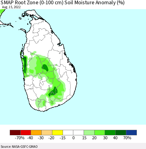 Sri Lanka SMAP Root Zone (0-100 cm) Soil Moisture Anomaly (%) Thematic Map For 8/11/2022 - 8/15/2022