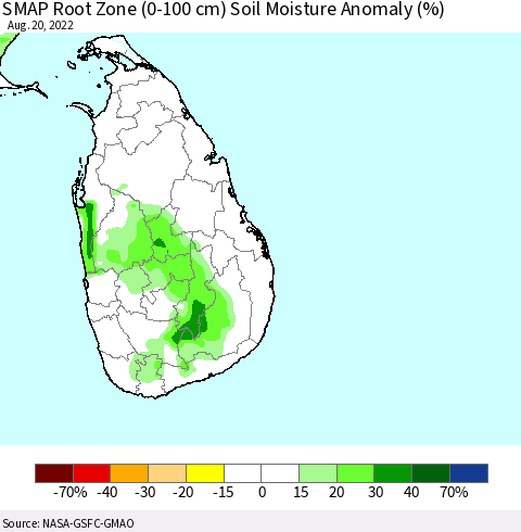 Sri Lanka SMAP Root Zone (0-100 cm) Soil Moisture Anomaly (%) Thematic Map For 8/16/2022 - 8/20/2022