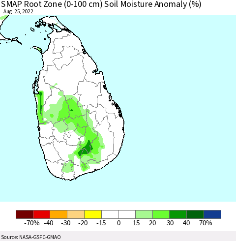 Sri Lanka SMAP Root Zone (0-100 cm) Soil Moisture Anomaly (%) Thematic Map For 8/21/2022 - 8/25/2022