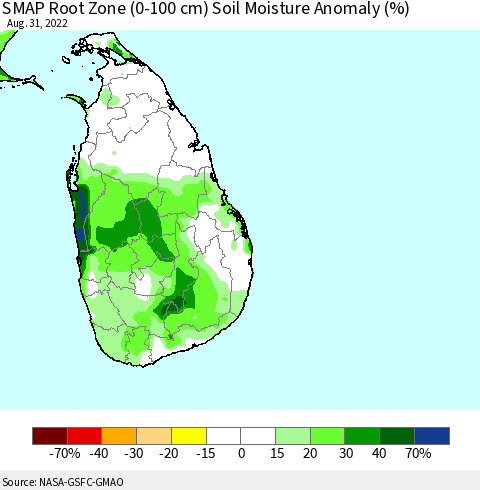 Sri Lanka SMAP Root Zone (0-100 cm) Soil Moisture Anomaly (%) Thematic Map For 8/26/2022 - 8/31/2022