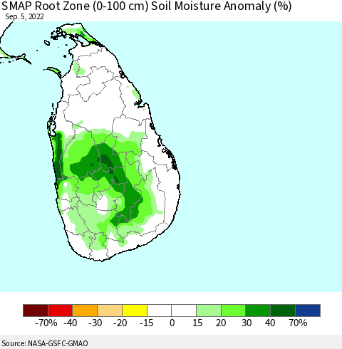 Sri Lanka SMAP Root Zone (0-100 cm) Soil Moisture Anomaly (%) Thematic Map For 9/1/2022 - 9/5/2022