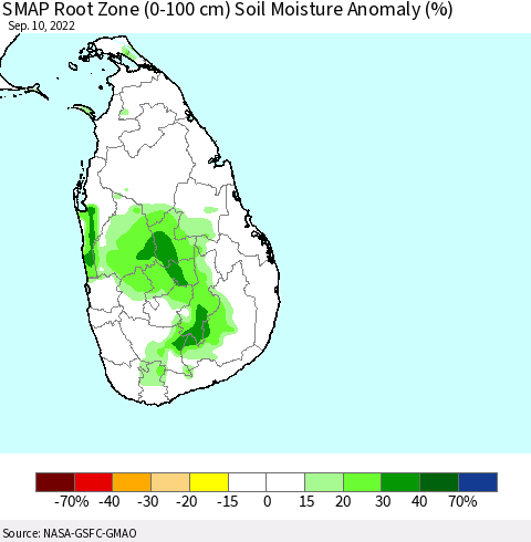 Sri Lanka SMAP Root Zone (0-100 cm) Soil Moisture Anomaly (%) Thematic Map For 9/6/2022 - 9/10/2022