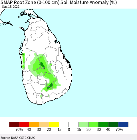 Sri Lanka SMAP Root Zone (0-100 cm) Soil Moisture Anomaly (%) Thematic Map For 9/11/2022 - 9/15/2022