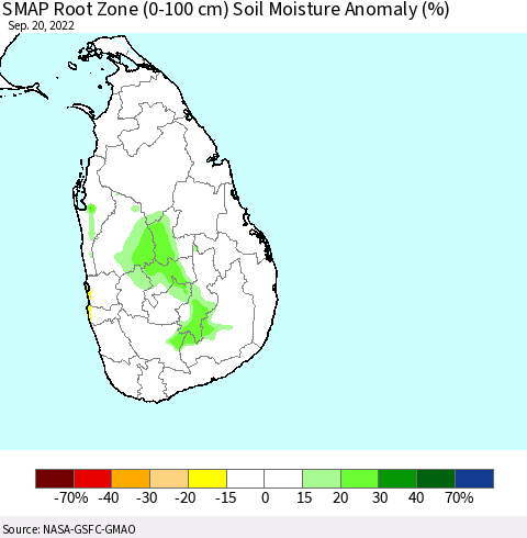 Sri Lanka SMAP Root Zone (0-100 cm) Soil Moisture Anomaly (%) Thematic Map For 9/16/2022 - 9/20/2022