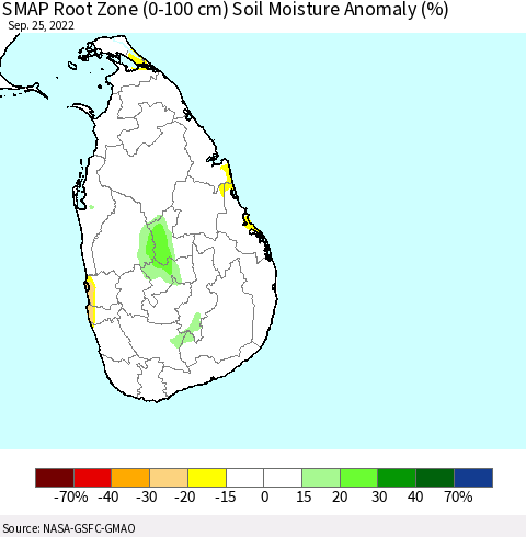 Sri Lanka SMAP Root Zone (0-100 cm) Soil Moisture Anomaly (%) Thematic Map For 9/21/2022 - 9/25/2022