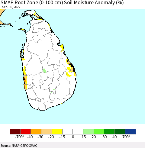 Sri Lanka SMAP Root Zone (0-100 cm) Soil Moisture Anomaly (%) Thematic Map For 9/26/2022 - 9/30/2022