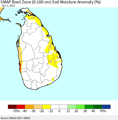 Sri Lanka SMAP Root Zone (0-100 cm) Soil Moisture Anomaly (%) Thematic Map For 10/1/2022 - 10/5/2022