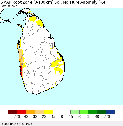 Sri Lanka SMAP Root Zone (0-100 cm) Soil Moisture Anomaly (%) Thematic Map For 10/6/2022 - 10/10/2022