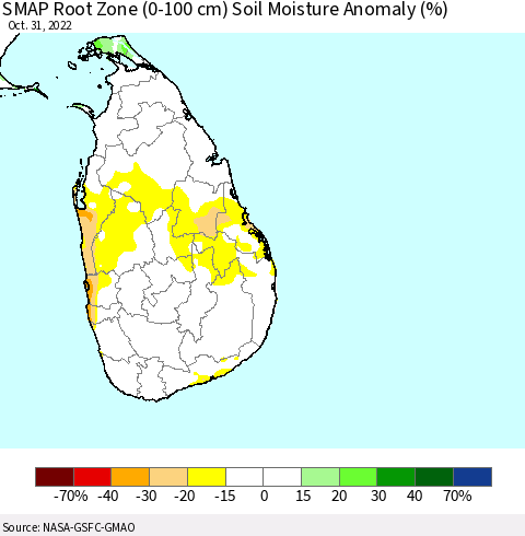 Sri Lanka SMAP Root Zone (0-100 cm) Soil Moisture Anomaly (%) Thematic Map For 10/26/2022 - 10/31/2022