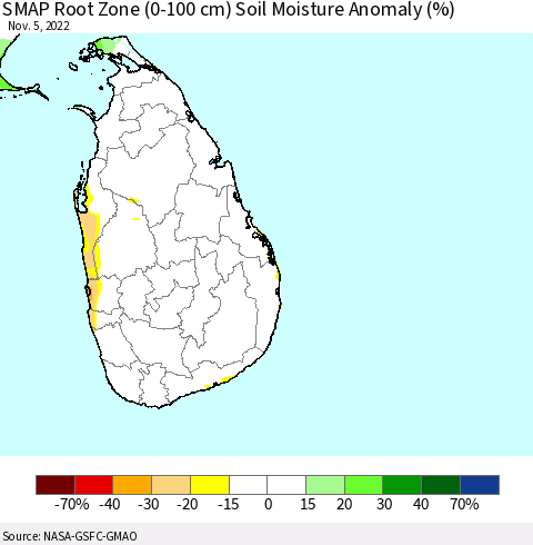 Sri Lanka SMAP Root Zone (0-100 cm) Soil Moisture Anomaly (%) Thematic Map For 11/1/2022 - 11/5/2022