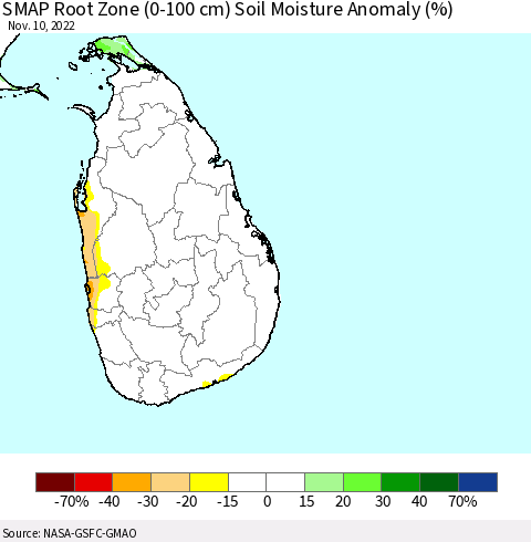 Sri Lanka SMAP Root Zone (0-100 cm) Soil Moisture Anomaly (%) Thematic Map For 11/6/2022 - 11/10/2022