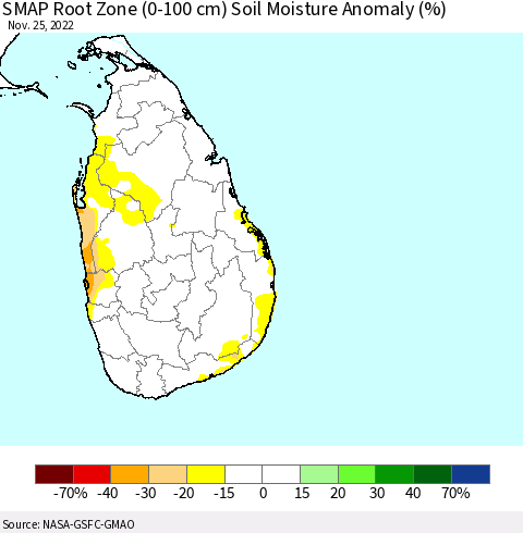 Sri Lanka SMAP Root Zone (0-100 cm) Soil Moisture Anomaly (%) Thematic Map For 11/21/2022 - 11/25/2022