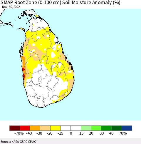 Sri Lanka SMAP Root Zone (0-100 cm) Soil Moisture Anomaly (%) Thematic Map For 11/26/2022 - 11/30/2022