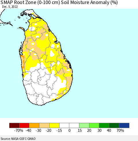 Sri Lanka SMAP Root Zone (0-100 cm) Soil Moisture Anomaly (%) Thematic Map For 12/1/2022 - 12/5/2022