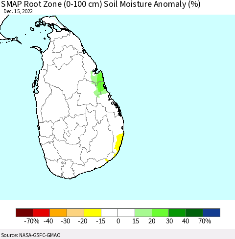 Sri Lanka SMAP Root Zone (0-100 cm) Soil Moisture Anomaly (%) Thematic Map For 12/11/2022 - 12/15/2022