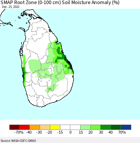 Sri Lanka SMAP Root Zone (0-100 cm) Soil Moisture Anomaly (%) Thematic Map For 12/21/2022 - 12/25/2022