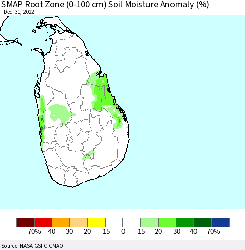 Sri Lanka SMAP Root Zone (0-100 cm) Soil Moisture Anomaly (%) Thematic Map For 12/26/2022 - 12/31/2022