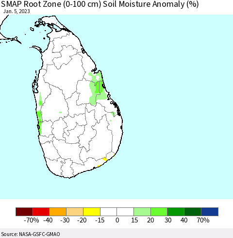 Sri Lanka SMAP Root Zone (0-100 cm) Soil Moisture Anomaly (%) Thematic Map For 1/1/2023 - 1/5/2023