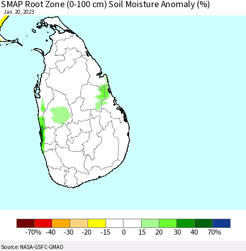 Sri Lanka SMAP Root Zone (0-100 cm) Soil Moisture Anomaly (%) Thematic Map For 1/16/2023 - 1/20/2023