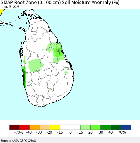Sri Lanka SMAP Root Zone (0-100 cm) Soil Moisture Anomaly (%) Thematic Map For 1/21/2023 - 1/25/2023