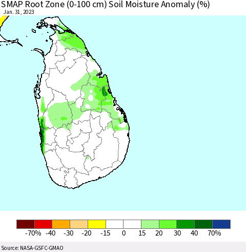 Sri Lanka SMAP Root Zone (0-100 cm) Soil Moisture Anomaly (%) Thematic Map For 1/26/2023 - 1/31/2023