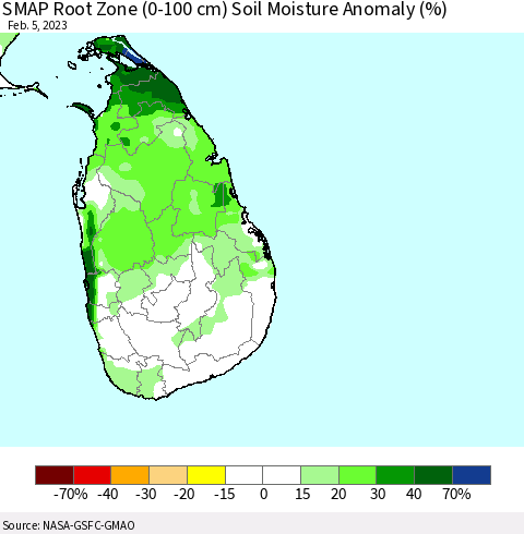 Sri Lanka SMAP Root Zone (0-100 cm) Soil Moisture Anomaly (%) Thematic Map For 2/1/2023 - 2/5/2023