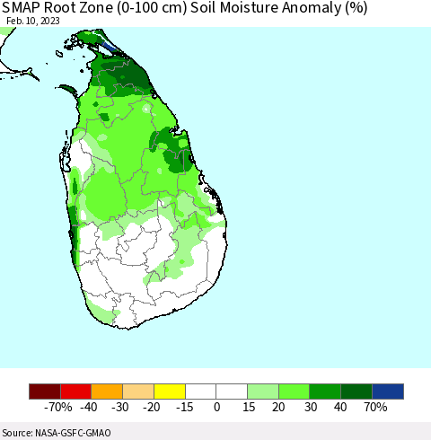 Sri Lanka SMAP Root Zone (0-100 cm) Soil Moisture Anomaly (%) Thematic Map For 2/6/2023 - 2/10/2023