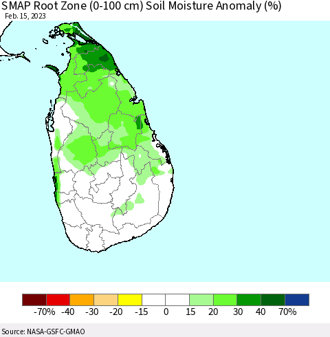 Sri Lanka SMAP Root Zone (0-100 cm) Soil Moisture Anomaly (%) Thematic Map For 2/11/2023 - 2/15/2023