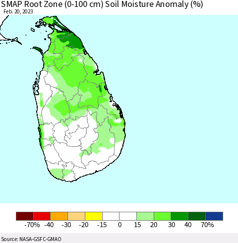 Sri Lanka SMAP Root Zone (0-100 cm) Soil Moisture Anomaly (%) Thematic Map For 2/16/2023 - 2/20/2023