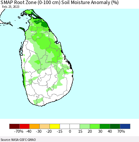 Sri Lanka SMAP Root Zone (0-100 cm) Soil Moisture Anomaly (%) Thematic Map For 2/21/2023 - 2/25/2023