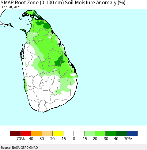 Sri Lanka SMAP Root Zone (0-100 cm) Soil Moisture Anomaly (%) Thematic Map For 2/26/2023 - 2/28/2023