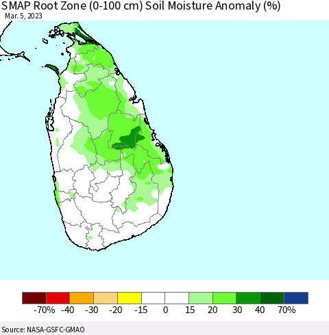 Sri Lanka SMAP Root Zone (0-100 cm) Soil Moisture Anomaly (%) Thematic Map For 3/1/2023 - 3/5/2023