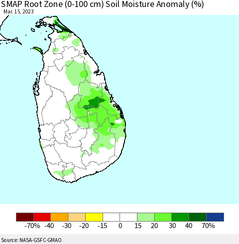 Sri Lanka SMAP Root Zone (0-100 cm) Soil Moisture Anomaly (%) Thematic Map For 3/11/2023 - 3/15/2023