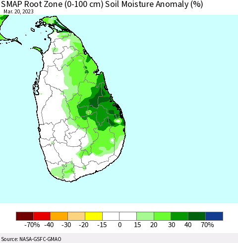 Sri Lanka SMAP Root Zone (0-100 cm) Soil Moisture Anomaly (%) Thematic Map For 3/16/2023 - 3/20/2023