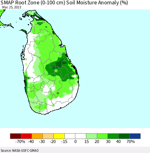 Sri Lanka SMAP Root Zone (0-100 cm) Soil Moisture Anomaly (%) Thematic Map For 3/21/2023 - 3/25/2023