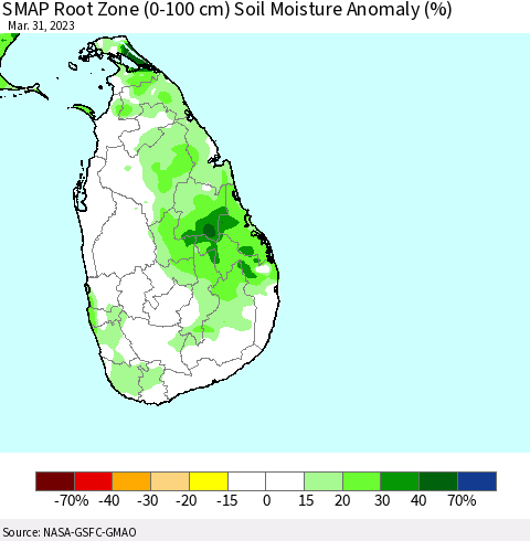 Sri Lanka SMAP Root Zone (0-100 cm) Soil Moisture Anomaly (%) Thematic Map For 3/26/2023 - 3/31/2023