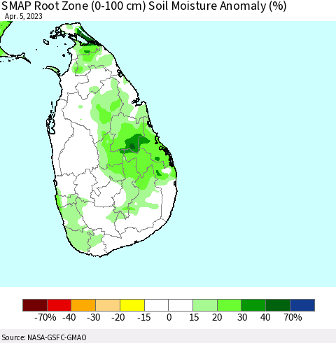 Sri Lanka SMAP Root Zone (0-100 cm) Soil Moisture Anomaly (%) Thematic Map For 4/1/2023 - 4/5/2023
