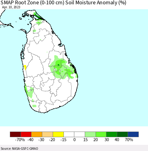 Sri Lanka SMAP Root Zone (0-100 cm) Soil Moisture Anomaly (%) Thematic Map For 4/6/2023 - 4/10/2023