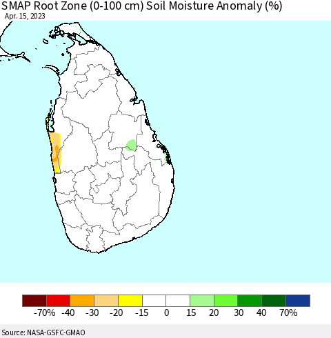 Sri Lanka SMAP Root Zone (0-100 cm) Soil Moisture Anomaly (%) Thematic Map For 4/11/2023 - 4/15/2023