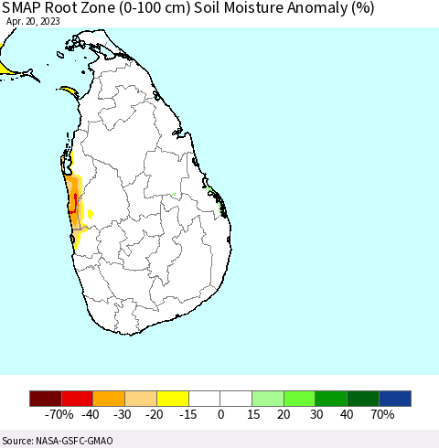 Sri Lanka SMAP Root Zone (0-100 cm) Soil Moisture Anomaly (%) Thematic Map For 4/16/2023 - 4/20/2023
