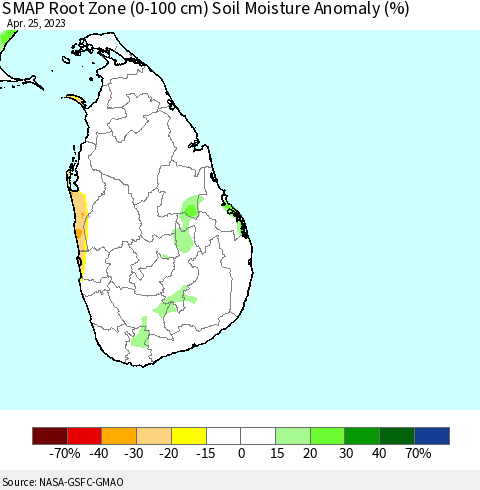 Sri Lanka SMAP Root Zone (0-100 cm) Soil Moisture Anomaly (%) Thematic Map For 4/21/2023 - 4/25/2023