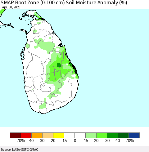 Sri Lanka SMAP Root Zone (0-100 cm) Soil Moisture Anomaly (%) Thematic Map For 4/26/2023 - 4/30/2023