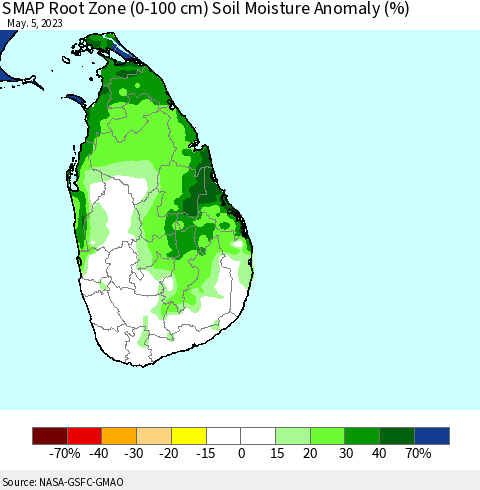 Sri Lanka SMAP Root Zone (0-100 cm) Soil Moisture Anomaly (%) Thematic Map For 5/1/2023 - 5/5/2023