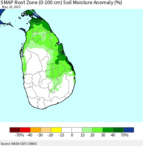 Sri Lanka SMAP Root Zone (0-100 cm) Soil Moisture Anomaly (%) Thematic Map For 5/6/2023 - 5/10/2023