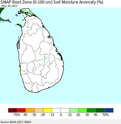 Sri Lanka SMAP Root Zone (0-100 cm) Soil Moisture Anomaly (%) Thematic Map For 5/16/2023 - 5/20/2023