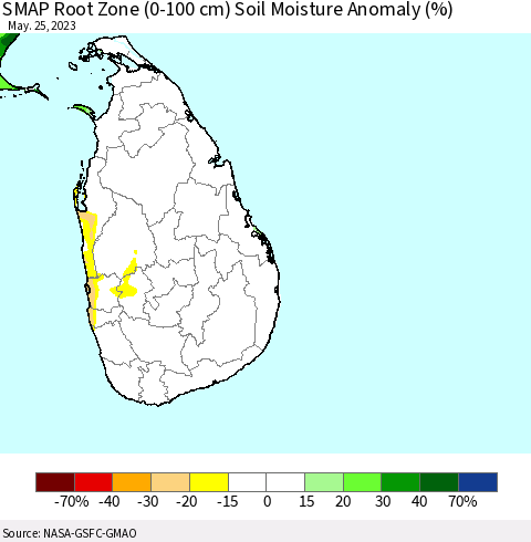 Sri Lanka SMAP Root Zone (0-100 cm) Soil Moisture Anomaly (%) Thematic Map For 5/21/2023 - 5/25/2023